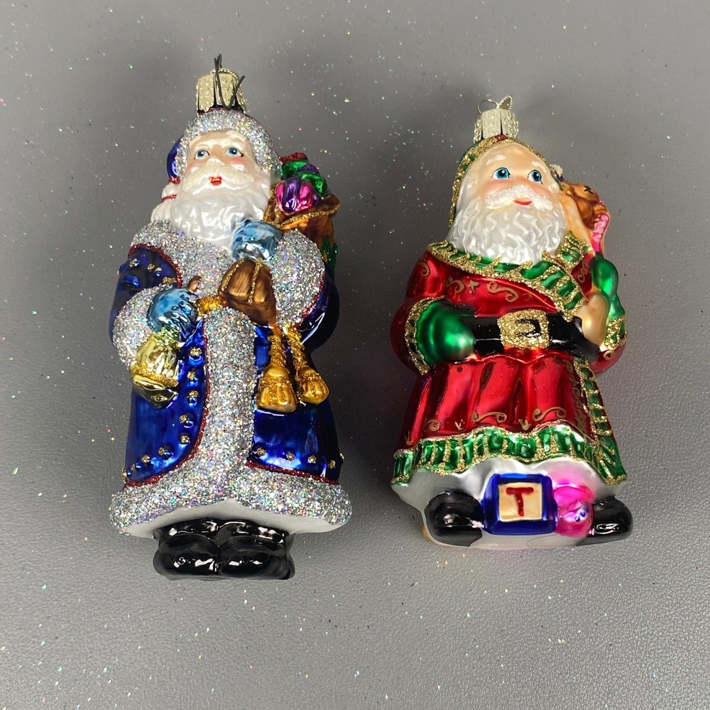 Old World Christmas 2 Santa Claus Glass Holiday Glitter Ornaments Blue & Red